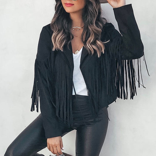 Yoselin® | Trendy leather jacket with fringes