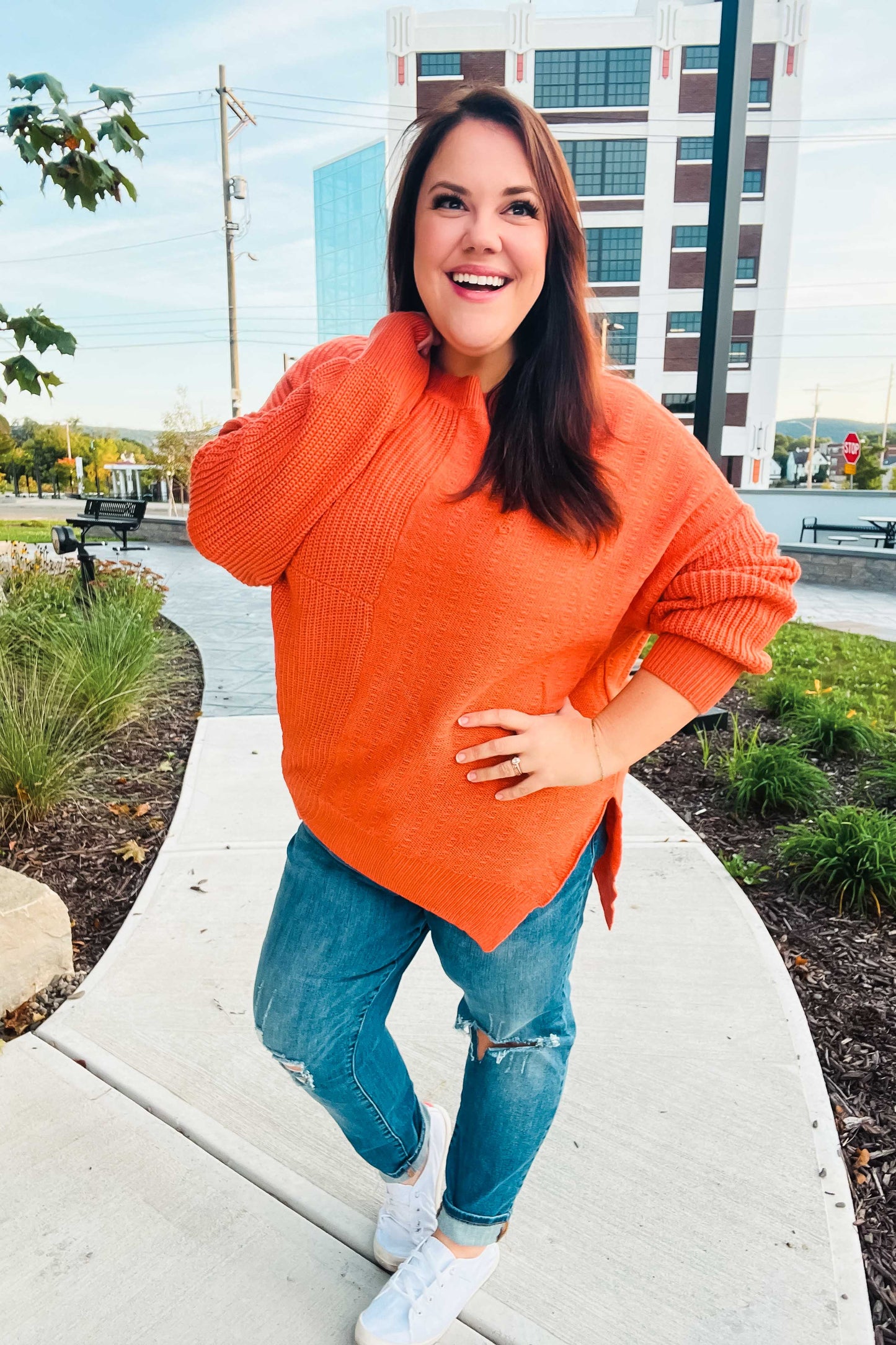 Vanessa® | Autumn Vibes Pumpkin Asymmetrical Knit Sweater