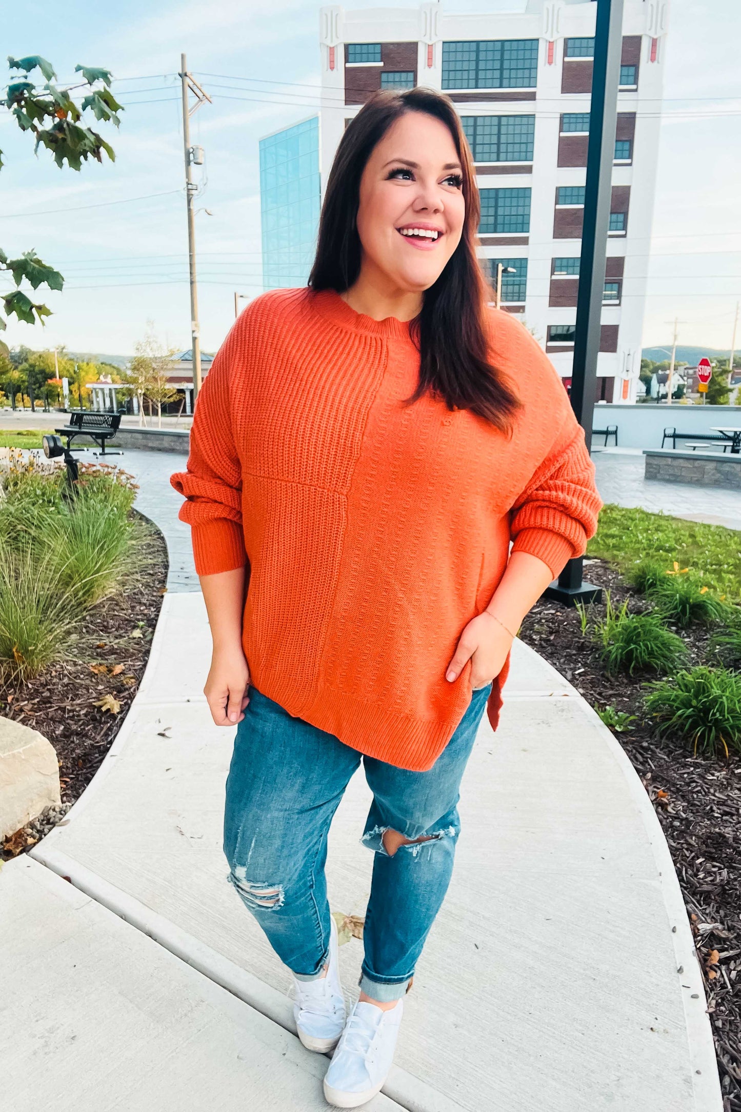 Vanessa® | Autumn Vibes Pumpkin Asymmetrical Knit Sweater