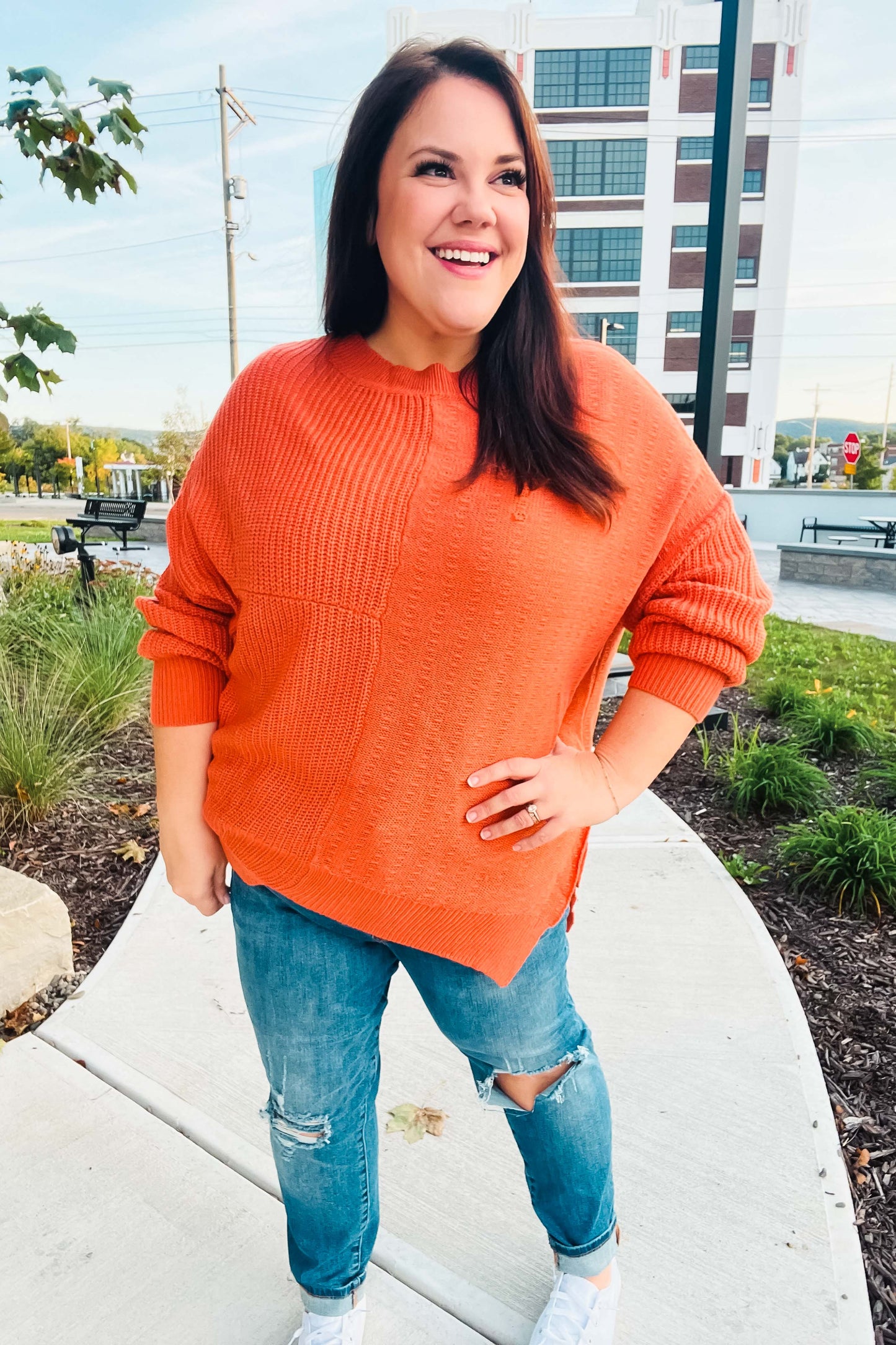 Vanessa® | Autumn Vibes Pumpkin Asymmetrical Knit Sweater