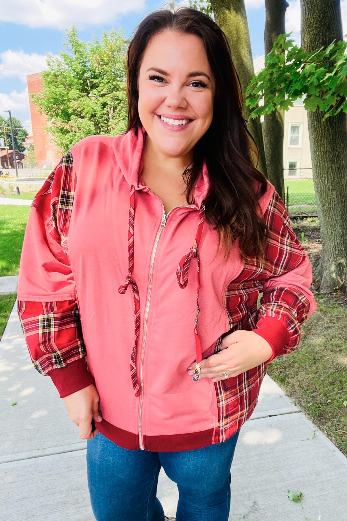 Aneta® | Adorable marsala check French terry hoodie with color block zip fastening