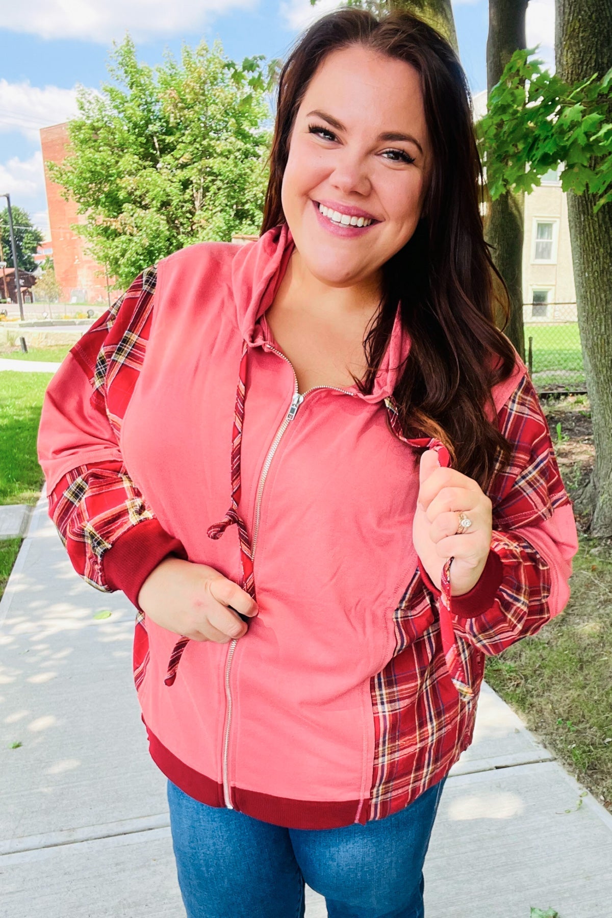 Aneta® | Adorable marsala check French terry hoodie with color block zip fastening