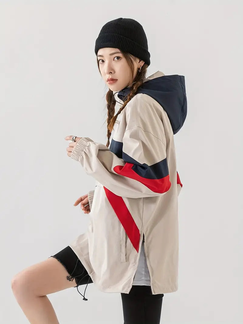 Zoe® | Color Blocked Hooded Drawstring Jacket, Casual Jacket With Zipper Pocket