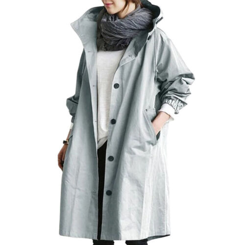 Amelia® | Long trench coat with hood and stand-up collar for women, available in large sizes