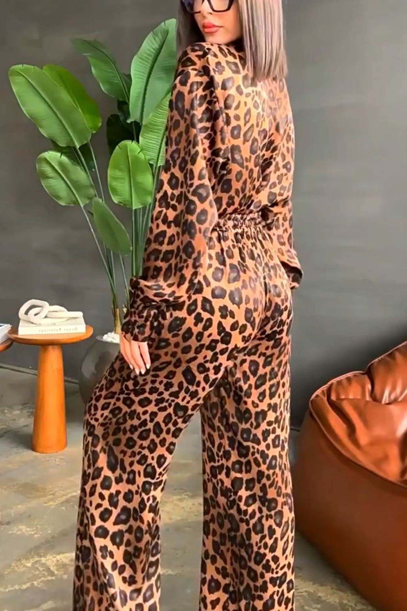 Adele® | Leopard print long sleeve blouse set