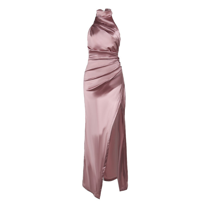 Yasmina® | Satin Odessa dress with a halter neckline and front opening