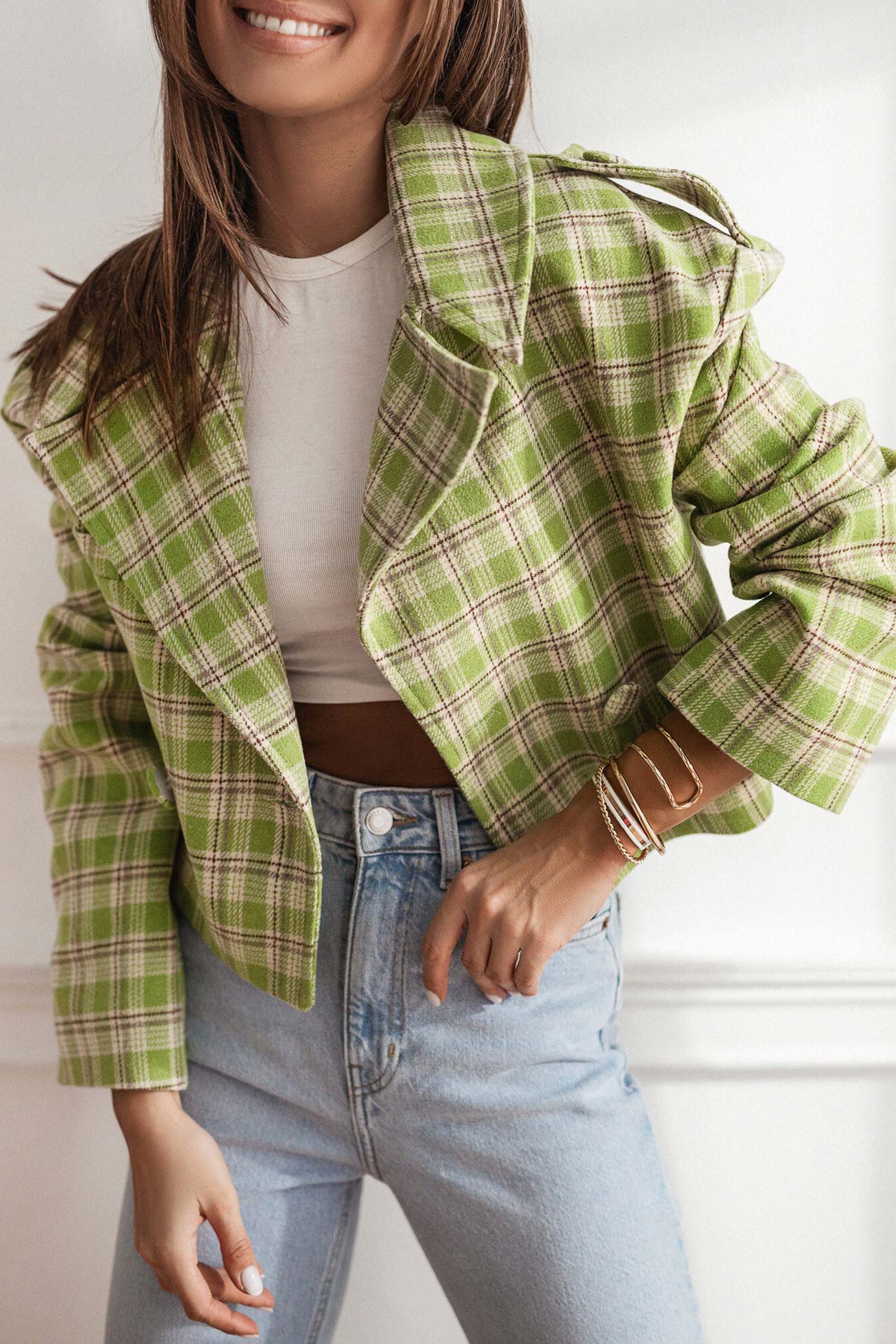 Alma® | Checked crop blazer with button placket