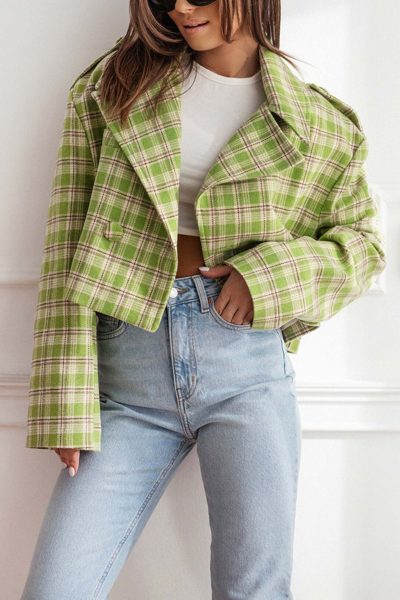 Alma® | Checked crop blazer with button placket