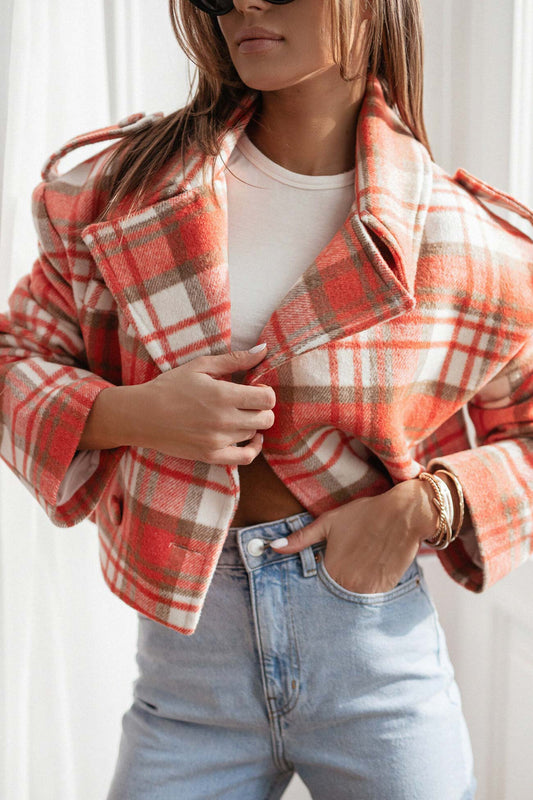 Alma® | Checked crop blazer with button placket