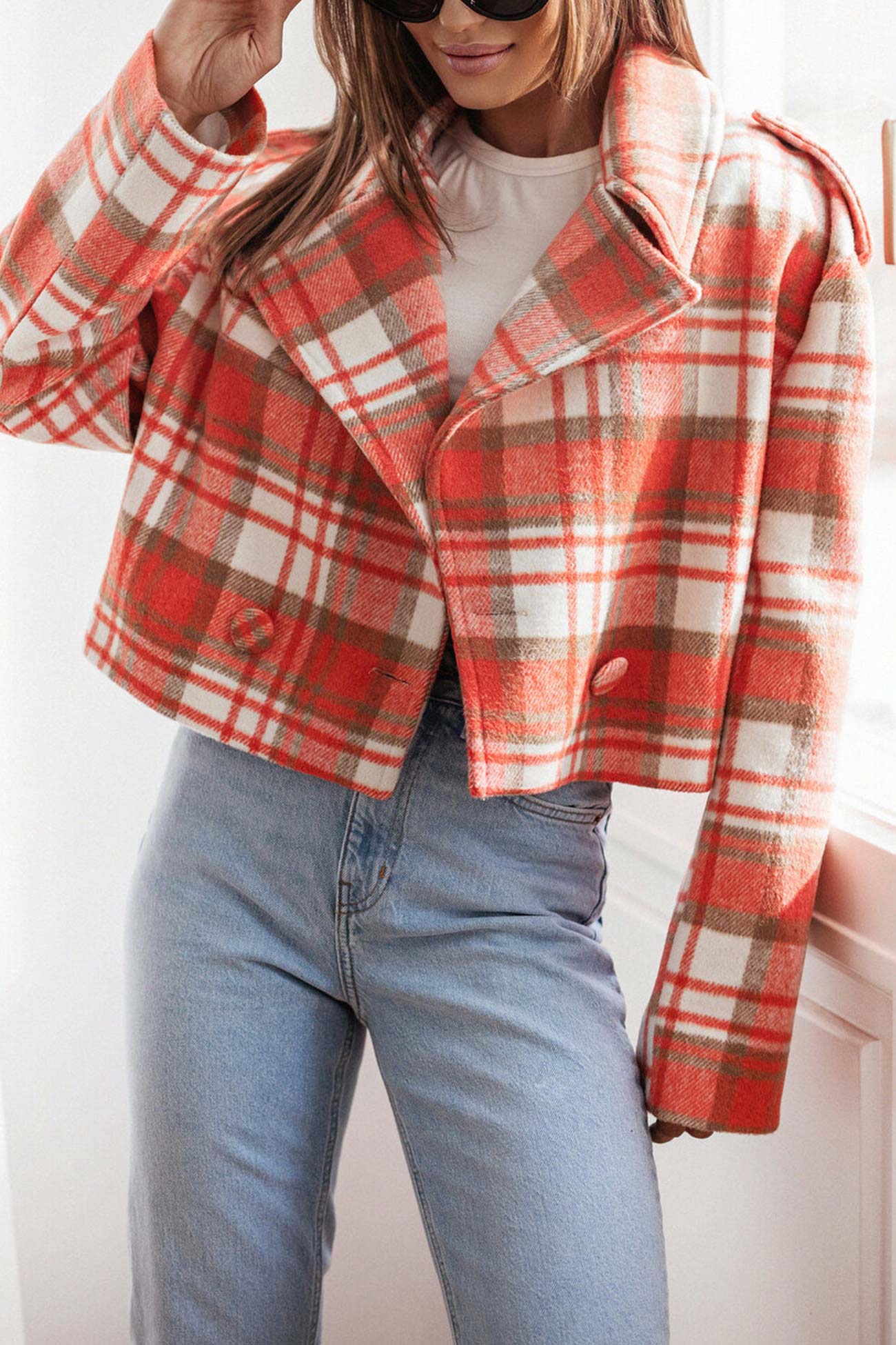 Alma® | Checked crop blazer with button placket