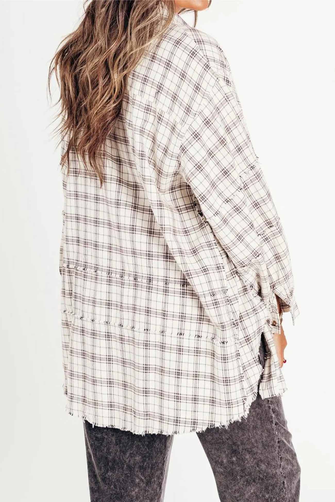 Vanja® | Checked blouse with button placket, fringes and slit hem