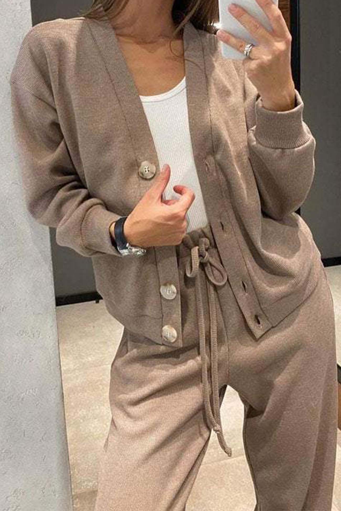 Alicia® | Solid color cardigan set with long pants and buttons