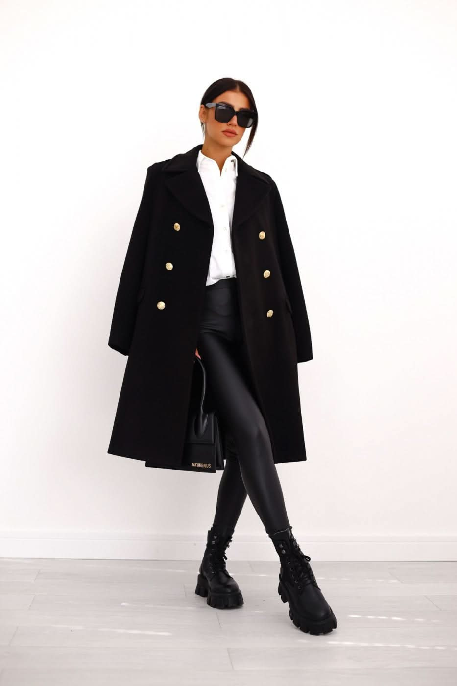 Angela® | Iconic oversized black coat with gold buttons for women