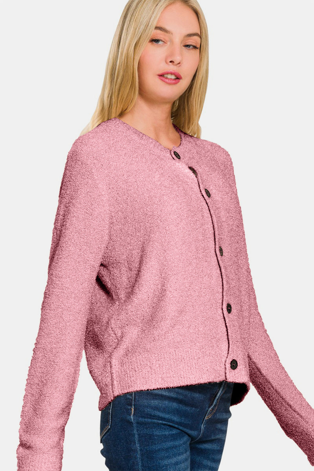 Angela® | Long sleeve pullover cardigan with button placket