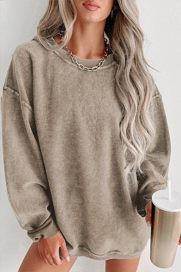 Andrea® | Solid ribbed crew neck pullover sweatshirt