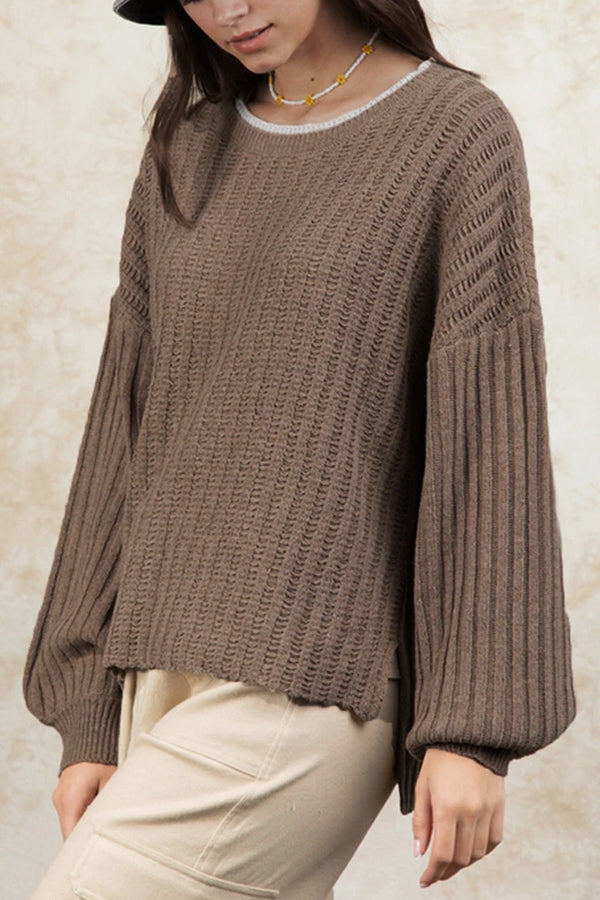 Adriana® | Smoke gray ribbed sweater with a contrast neckline and dropped sleeves