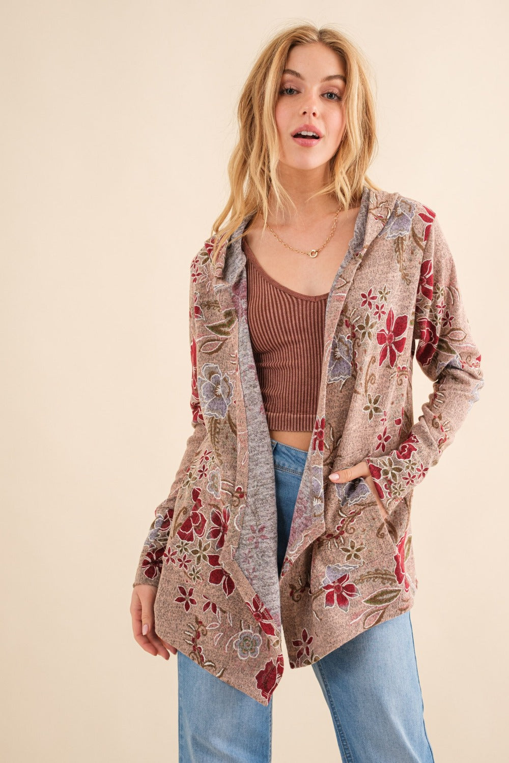 Yasmina® | And the Why Floral thermal cardigan with hood and open front