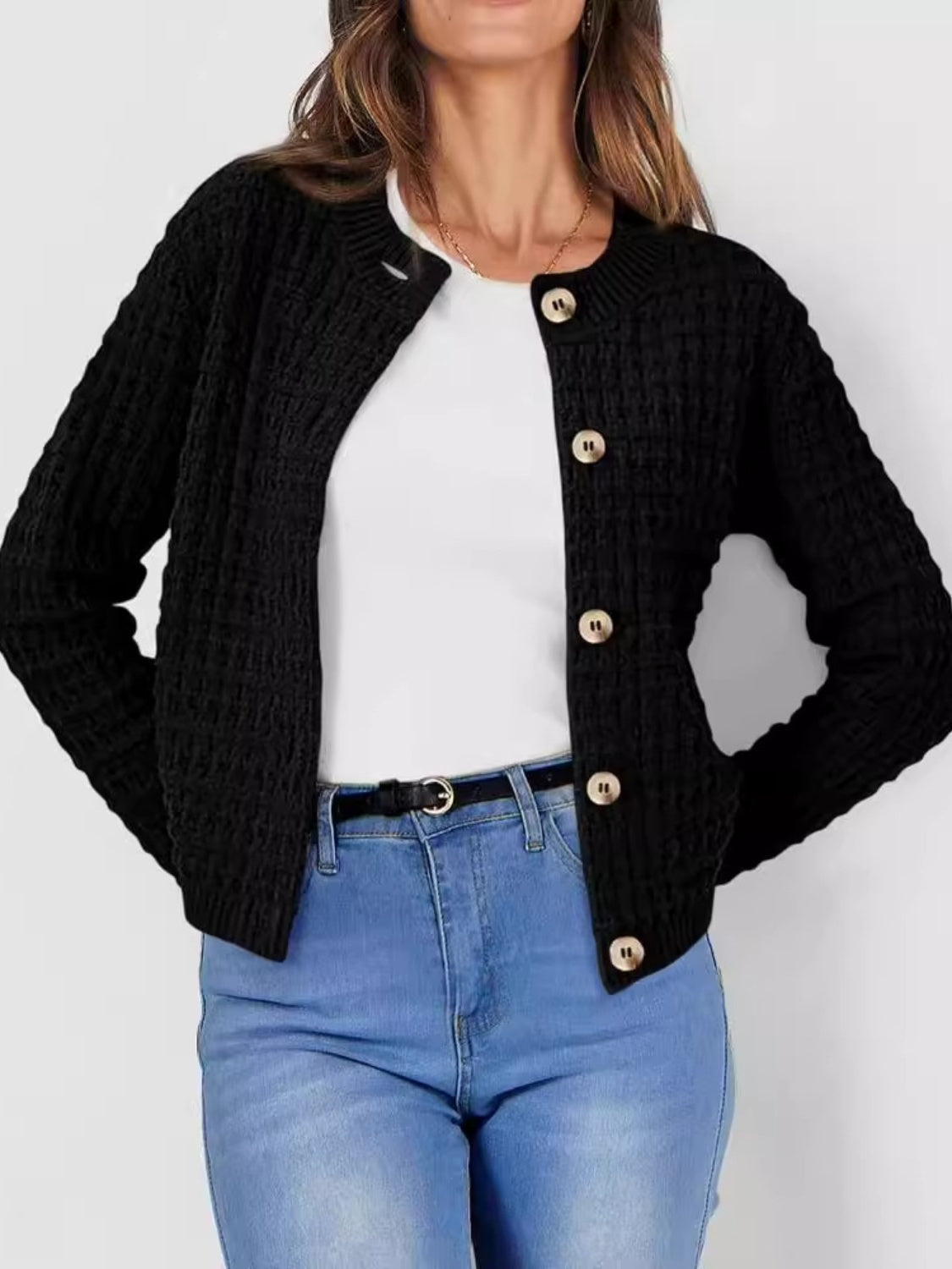 Adele® | Buttoned, long-sleeved cardigan with a crew neck