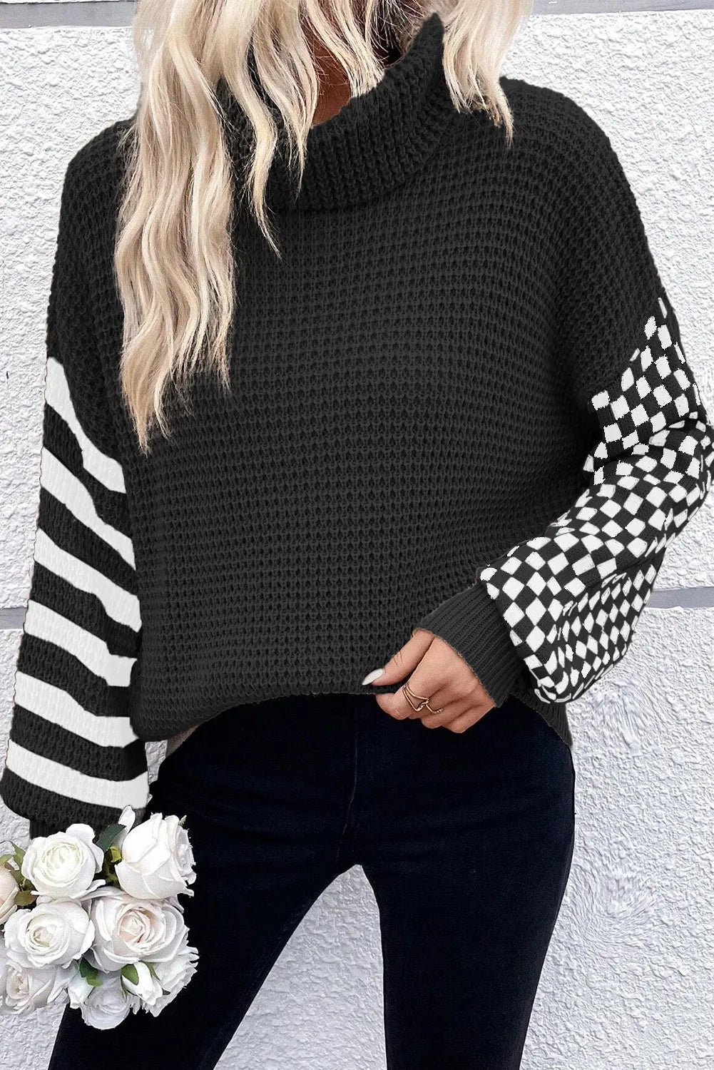 Agnieszka® | Checked striped turtleneck sweater with long sleeves