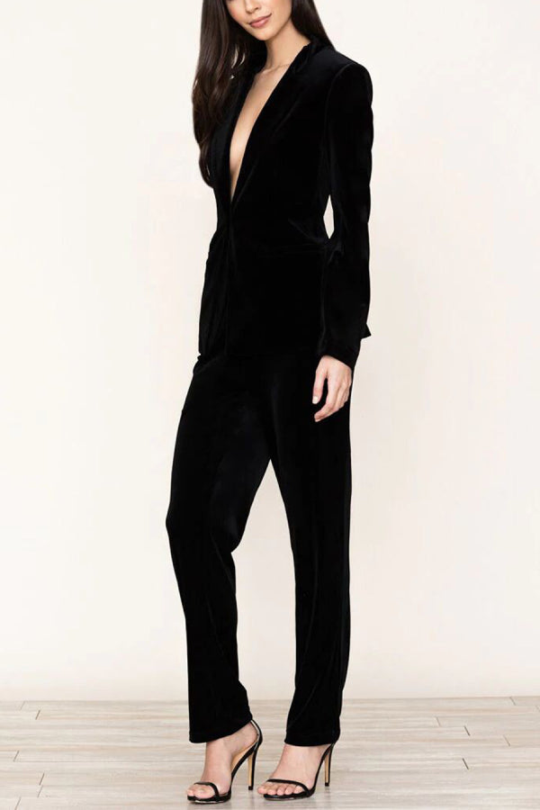 Alice® | Solid color velvet long sleeve blazer and trousers with elastic waistband and pockets