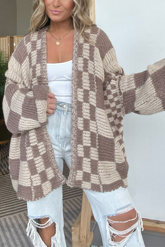 Vanessa® | Casual mid-length loose knit checked outerwear