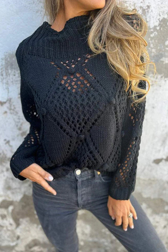 Zulema® | Solid color hollow loose knitted crew neck sweater