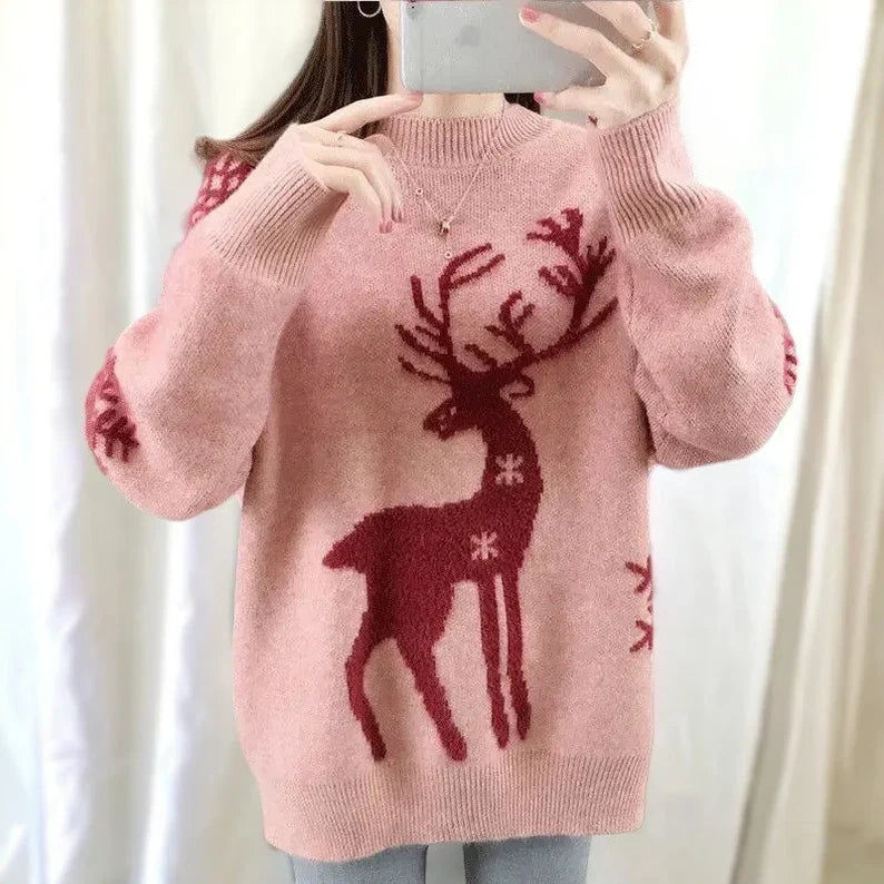 Agnieszka® | Women's warm knitted sweater with a deer and snowflake pattern and a crew neck