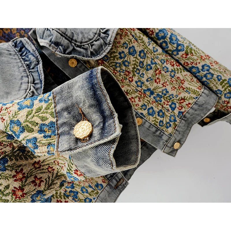 Ana Maria® | Stylish autumn denim jacket with jacquard embroidery and Peter Pan collar for women